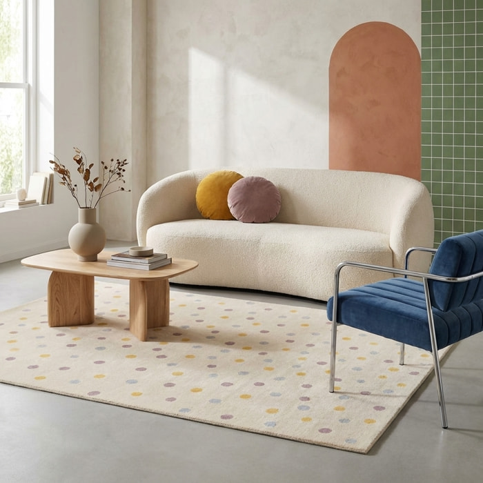 Tapis enfant intérieur à gros pois crème, bleu, jaune, violet 120 x 170cm HANNA