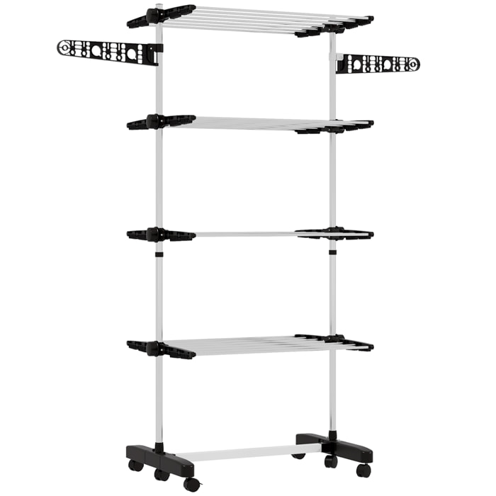 Tendedero Vertical Plegable Tendedero de Ropa con 6 Ruedas 2 Laterales Abatibles Estantes Ajustables y Marco de Acero Inoxidable para Interior y Exterior Negro y Plata