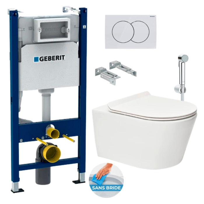 Pack WC sans bride Brevis + Abattant softclose slim + Bâti support Geberit UP100 + Plaque blanche + Douchette Grohe