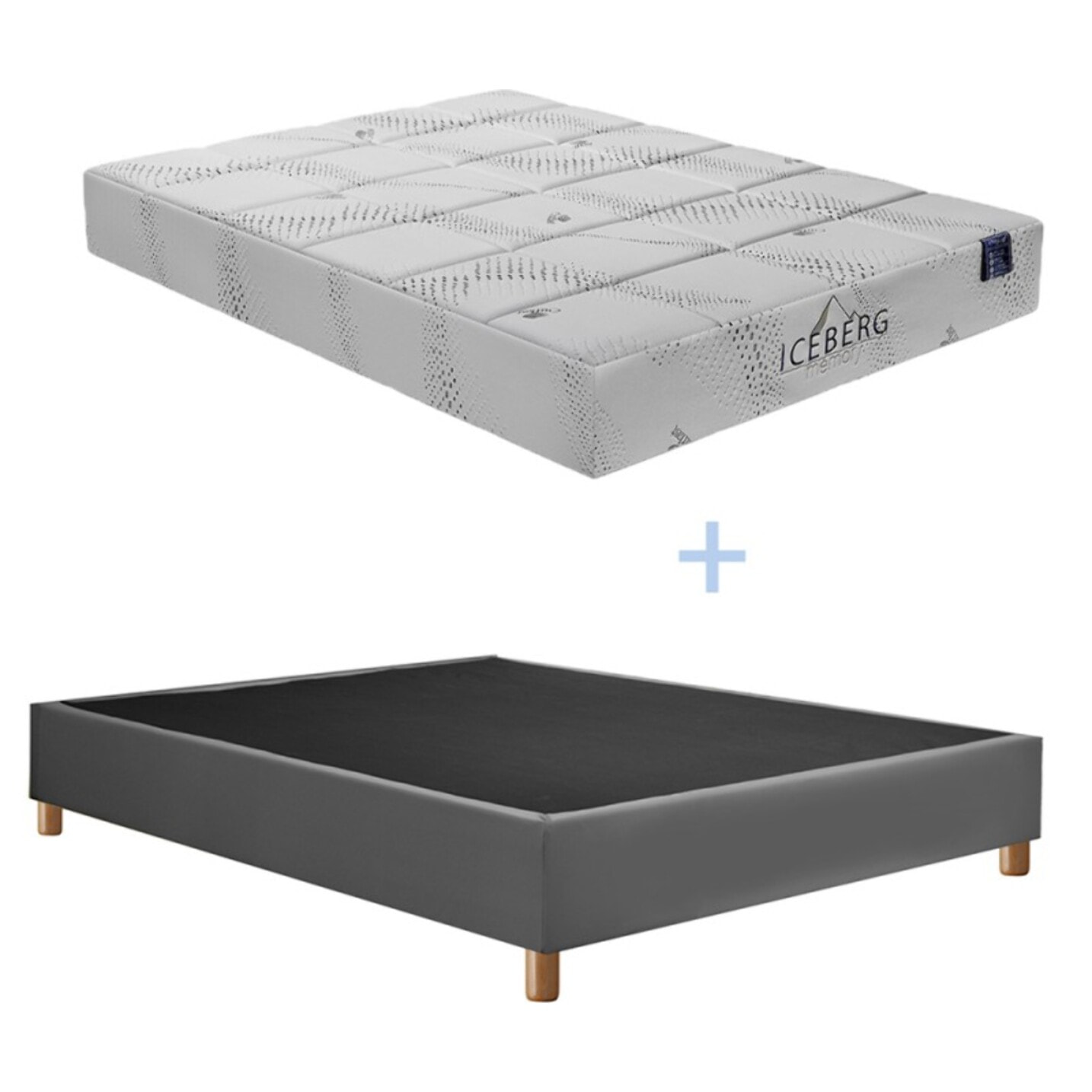 Ensemble Matelas Iceberg & sommier déco | 25 cm | Mémoire de forme et gel rafraîchissant | Cadre à lattes | Simili cuir | Gris
