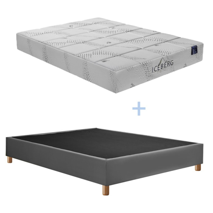 Ensemble Matelas Iceberg - Gamme Luxe Hôtelière - avec son sommier Cancun en similicuir gris