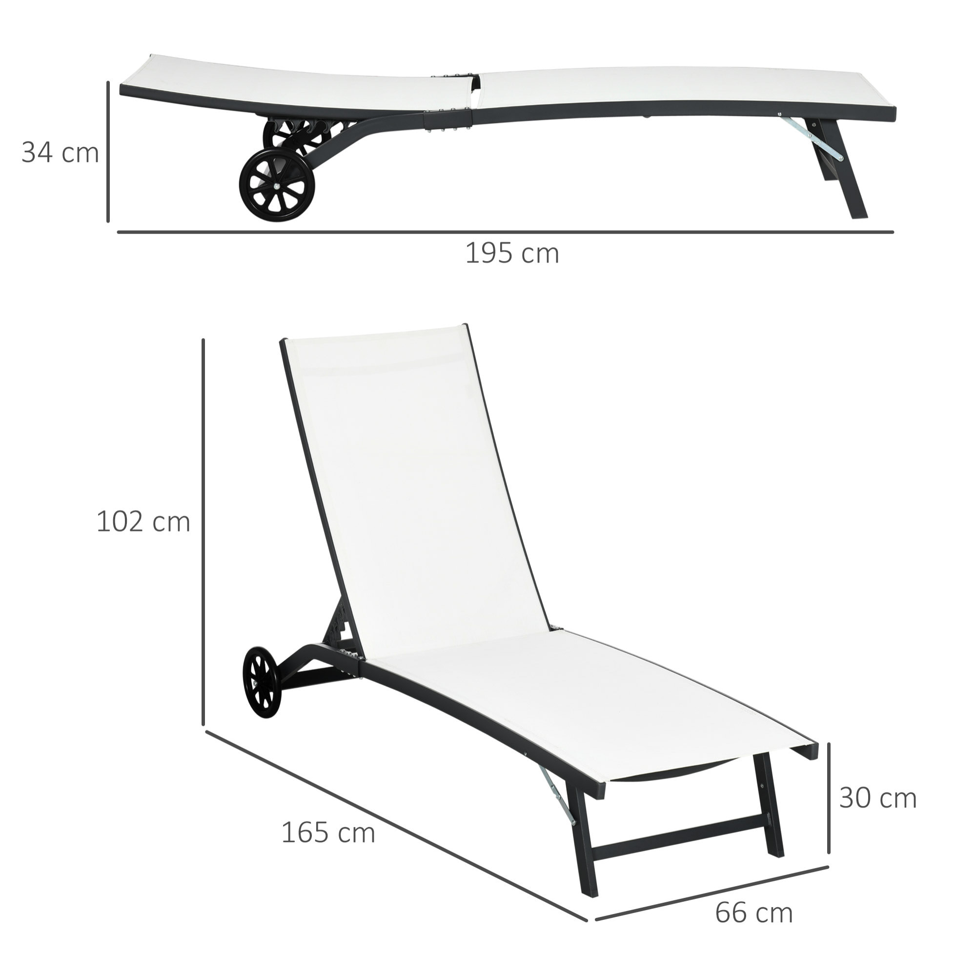 Juego de 2 Tumbonas Reclinables de Jardín Sillas de Aluminio con Respaldo Ajustable de 5 Niveles y Ruedas 165x66x102 cm