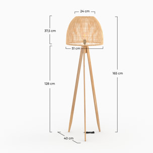 Lampadaire trépied en rotin et bois de teck massif - Corte