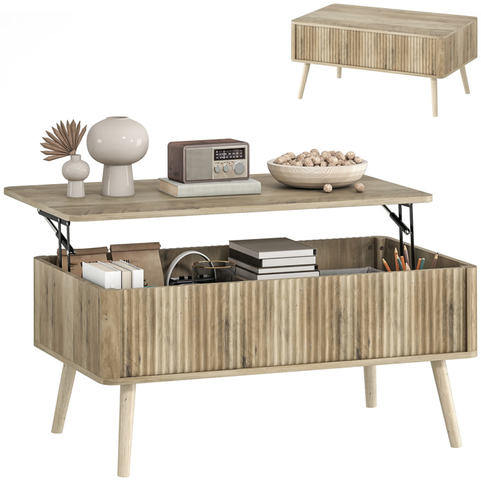 Mesa de Centro Elevable, Mesa de Café para Salón, Comedor, con Compartimentos Ocultos de Almacenaje y Patas de Pino, 91x56-80,5x43-57,5 cm, Roble