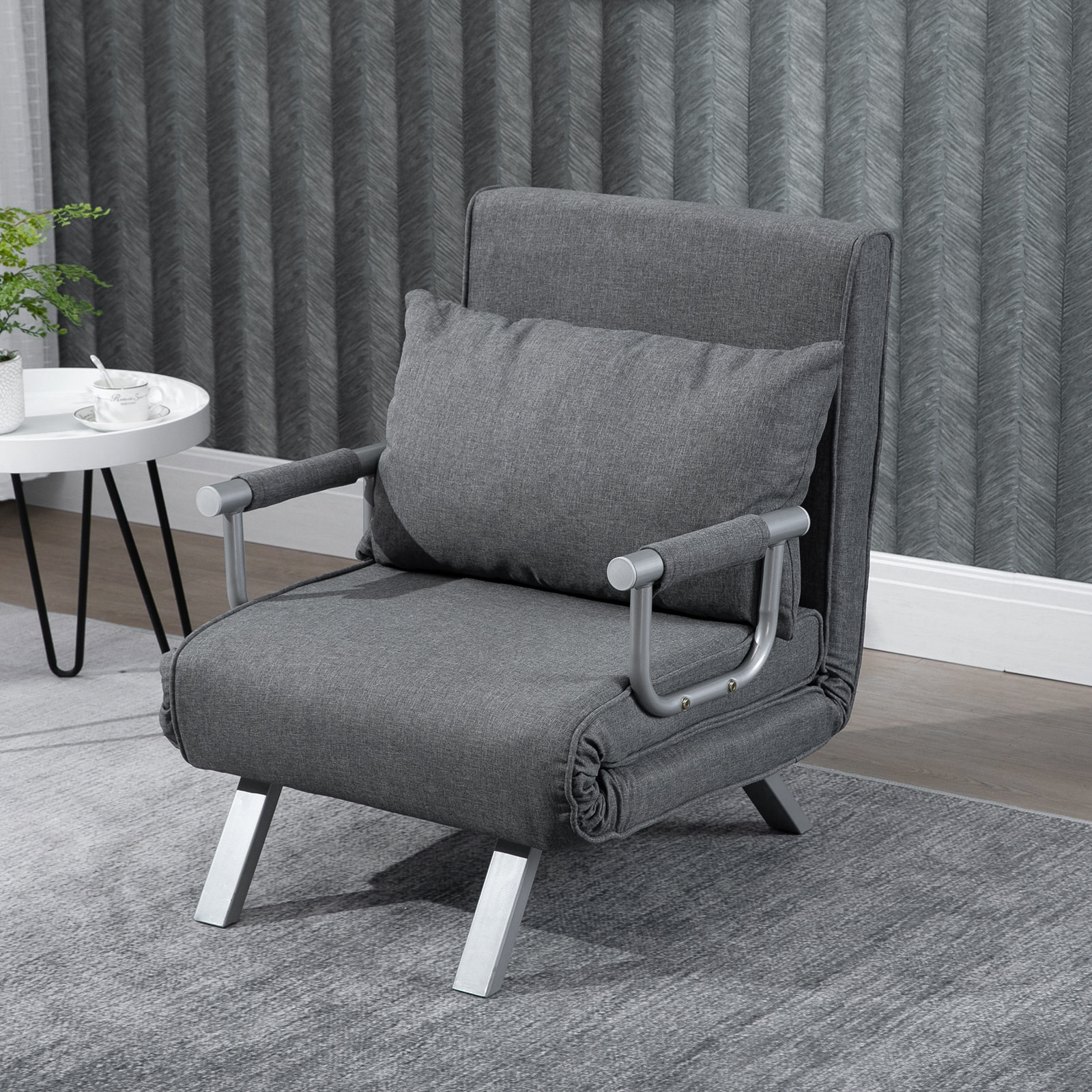 Fauteuil chauffeuse canapé-lit convertible 1 place déhoussable grand confort coussin pieds accoudoirs métal suède gris