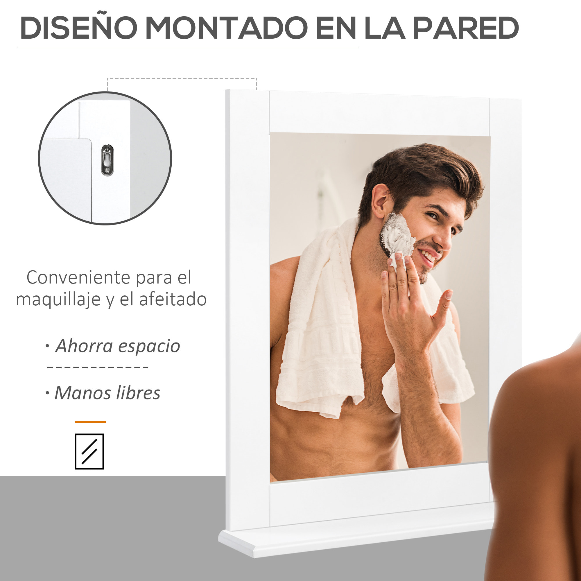 kleankin Espejo de Baño 50x11,5x60 cm Espejo de Pared Moderno con Estante de Almacenaje y Marco de Madera para Dormitorio Aseo Blanco