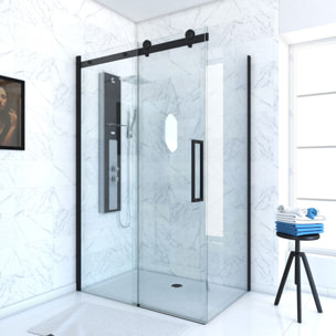 Porte de douche coulissante 120x200 cm noir mat - rail soft close + RETOUR 90 cm