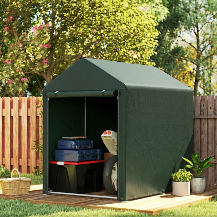 Carpa de Jardín Exterior para Herramientas Bicicletas 1,2x1,8x1,65 m, Cobertizo Exterior con 2 Habitaciones, Puerta Enrollable con Cremallera, Impermeable Anti-UV, Garaje Portátil, Verde