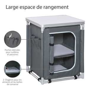 Cuisine de camping - armoire de camping - plan de travail, nombreux rangements, sac transport inclus - armature alu. Oxford gris