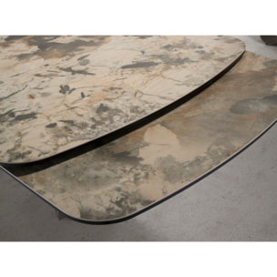 Mesa comedor extensible ovalada barril con tapa de mármol porcelánico en tonalidades tierra y grises en acabado mate 200x100x76cm