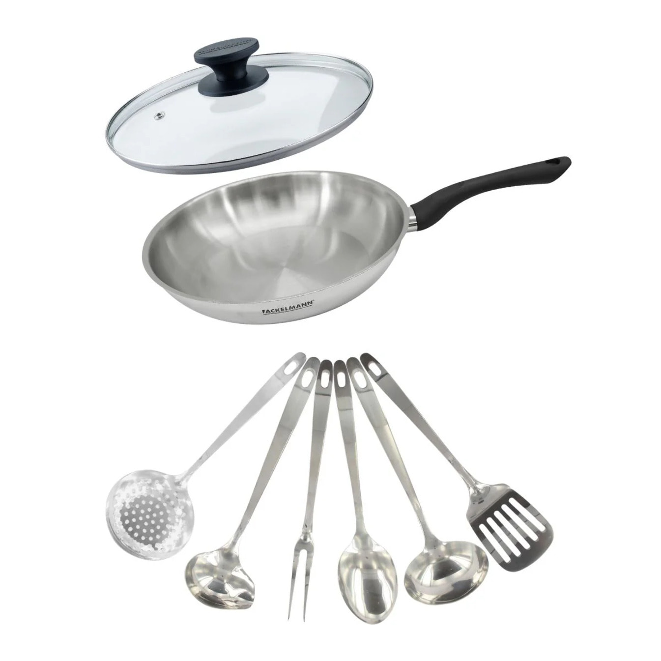 Set poêle en inox, couvercle verre et 6 ustensiles inox Fackelmann Geneva