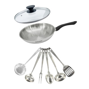 Set poêle en inox, couvercle verre et 6 ustensiles inox Fackelmann Geneva