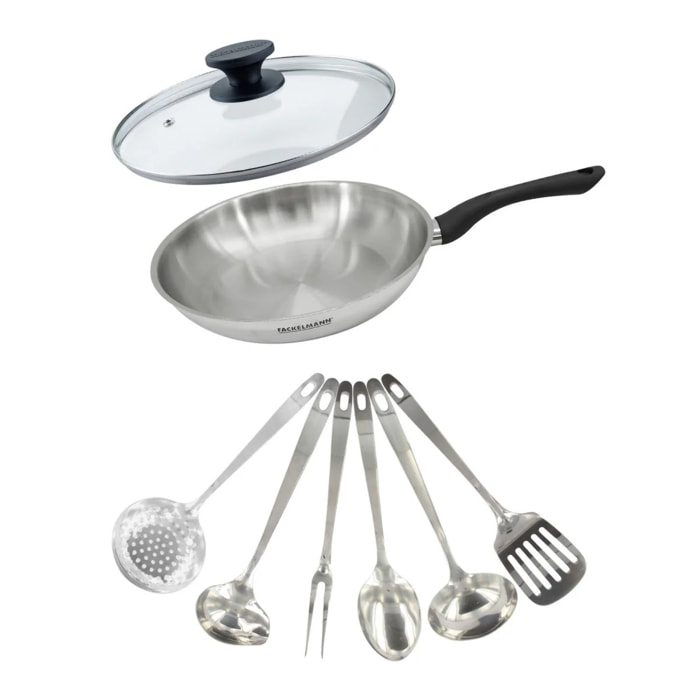 Set poêle en inox, couvercle verre et 6 ustensiles inox Fackelmann Geneva