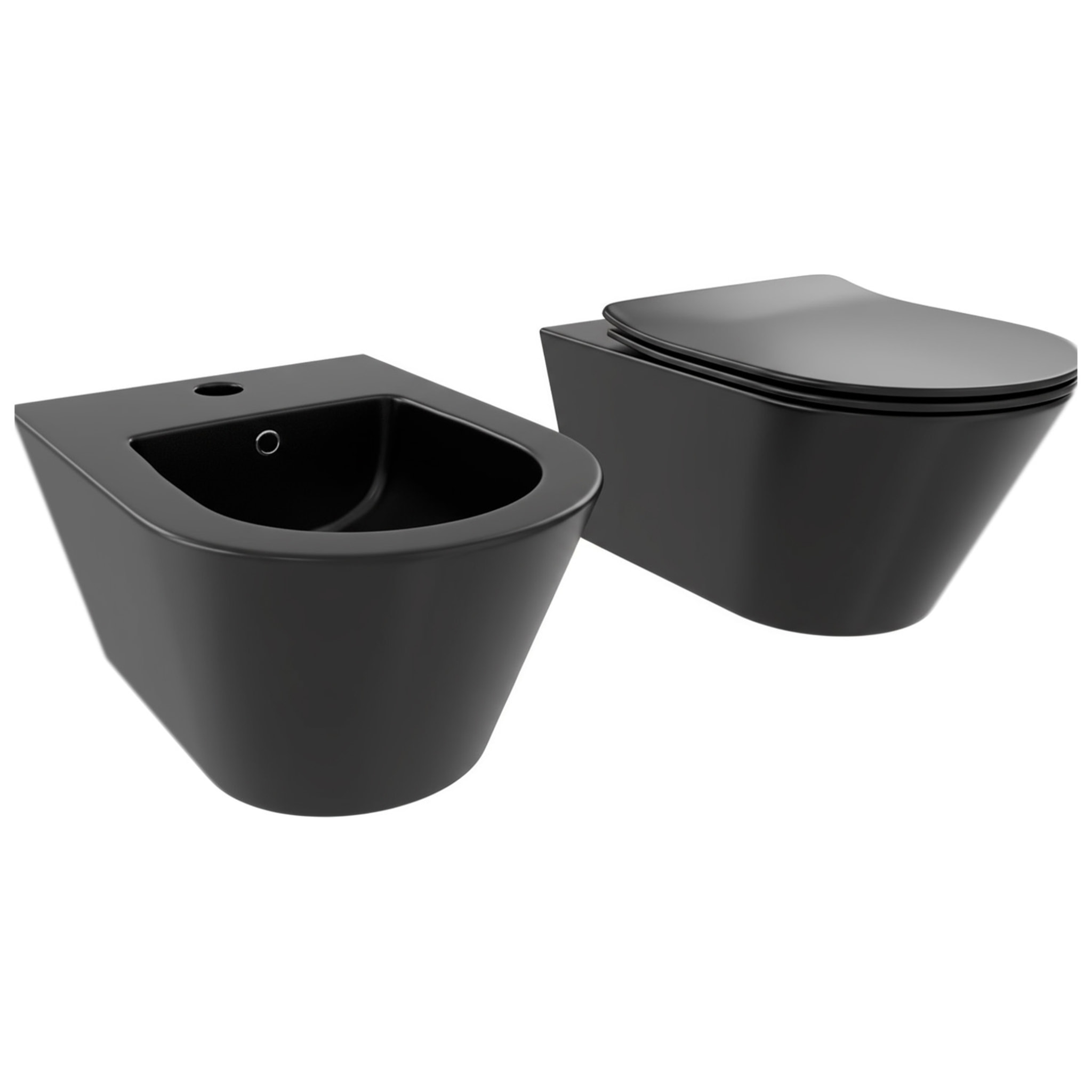 Coppia Sanitari Sospesi Vaso WC Rimless Con Tornado Flush E Bidet Sospeso Moderno Tondo In Ceramica Con Copriwater Chiusura Soft Close Nero Opaco