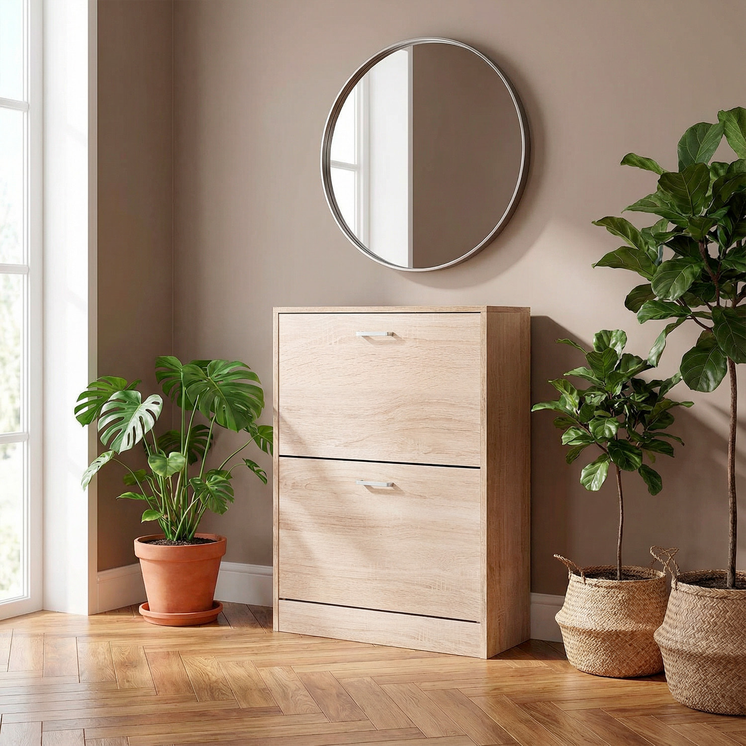 Scarpiera A 2 Ribalte Salvaspazio Con Doppia Profondità Mobile Portascarpe Per Ingresso Corridoio Contiene 12 Paia Di Scarpe 76 x 50 x 22 Cm Rovere