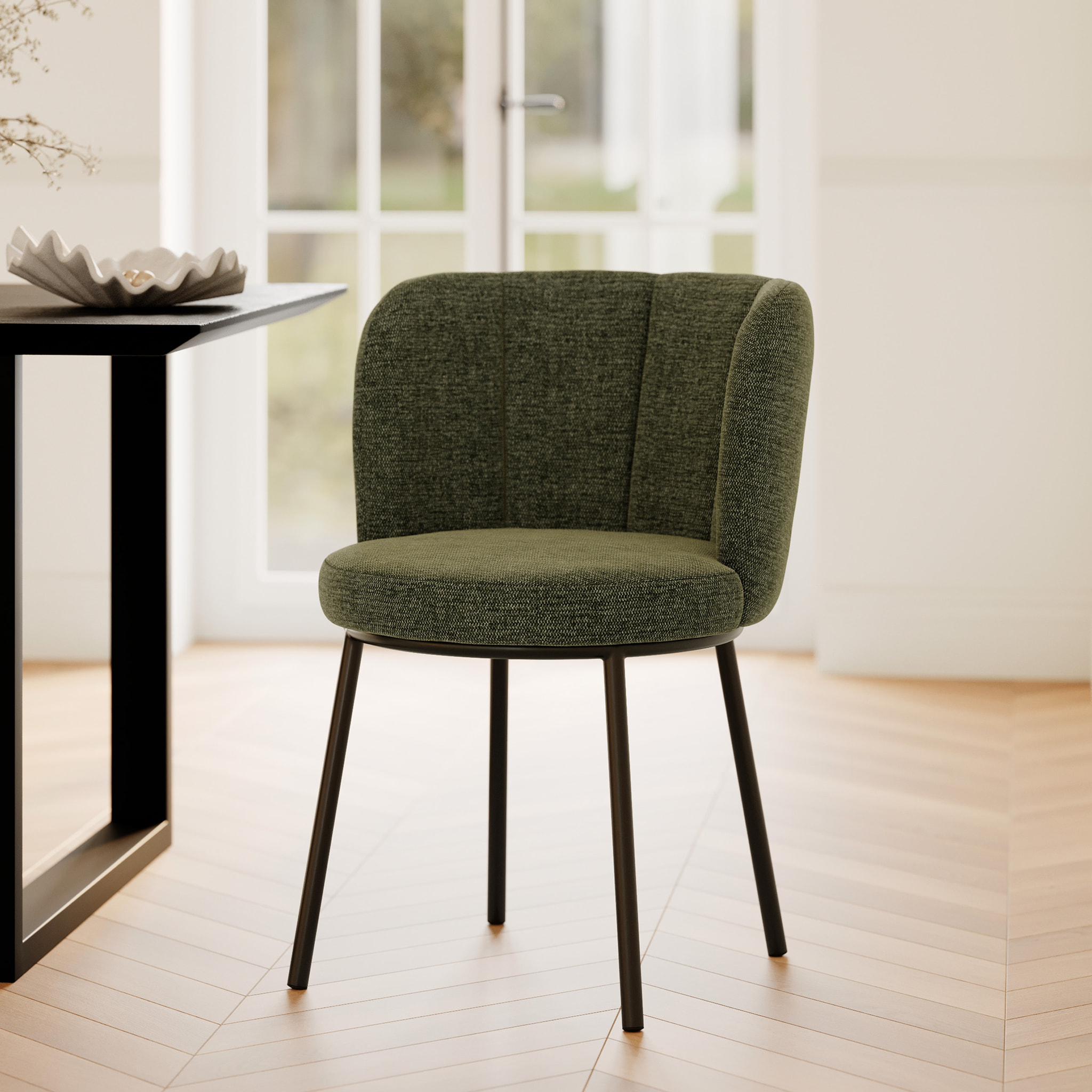 Chaise en tissu vert chiné et pieds noirs - Aby