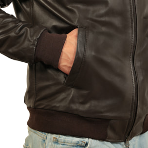 Giubbino in vera pelle di vitello foderato con trapunta invernale Marrone-Slim Fit