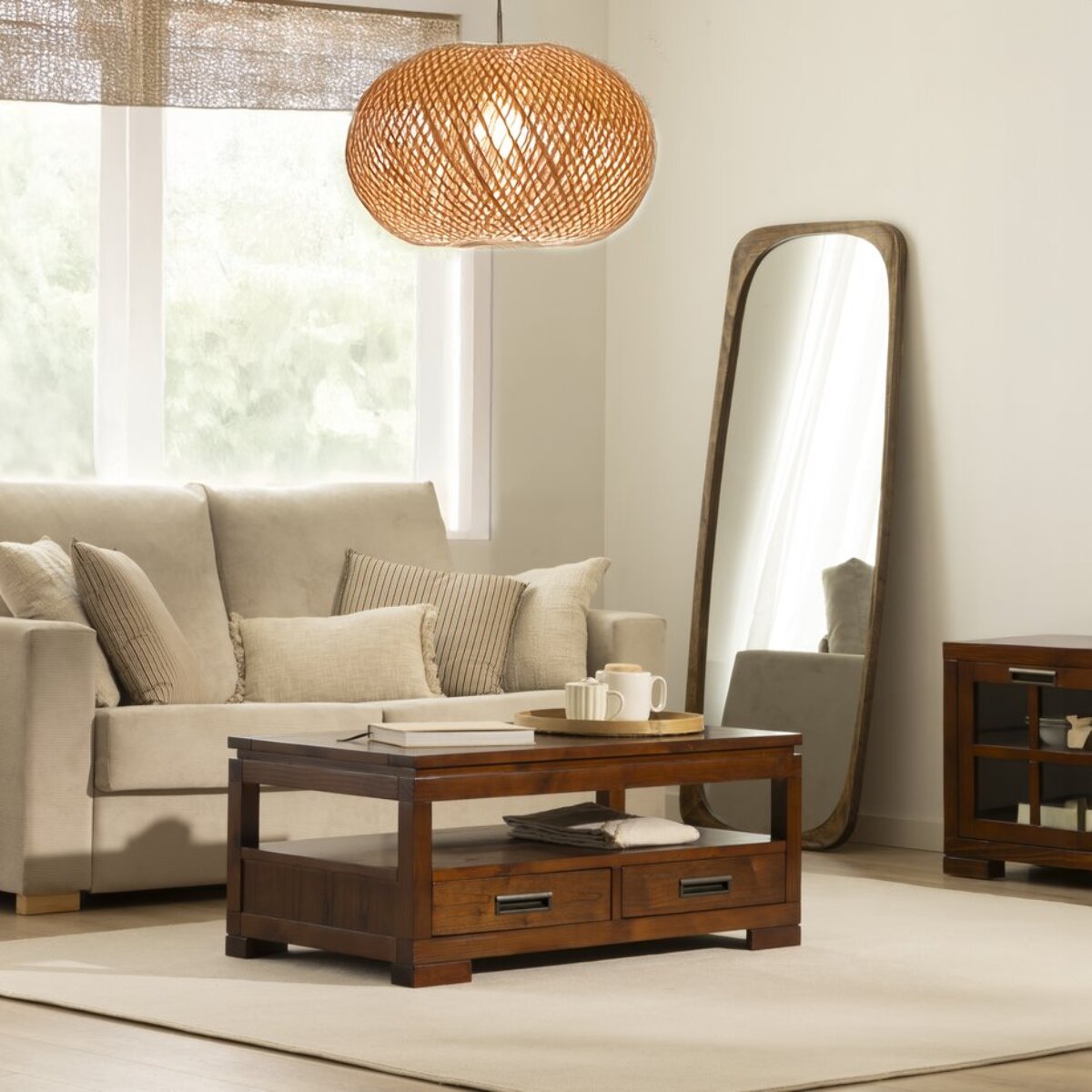 Table basse avec plateau relevable Kenia -bois massif et placage naturel de mindi-couleur teck 110 x 46 x 60 cm