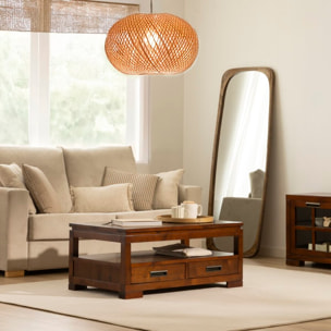 Table basse avec plateau relevable Kenia -bois massif et placage naturel de mindi-couleur teck 110 x 46 x 60 cm