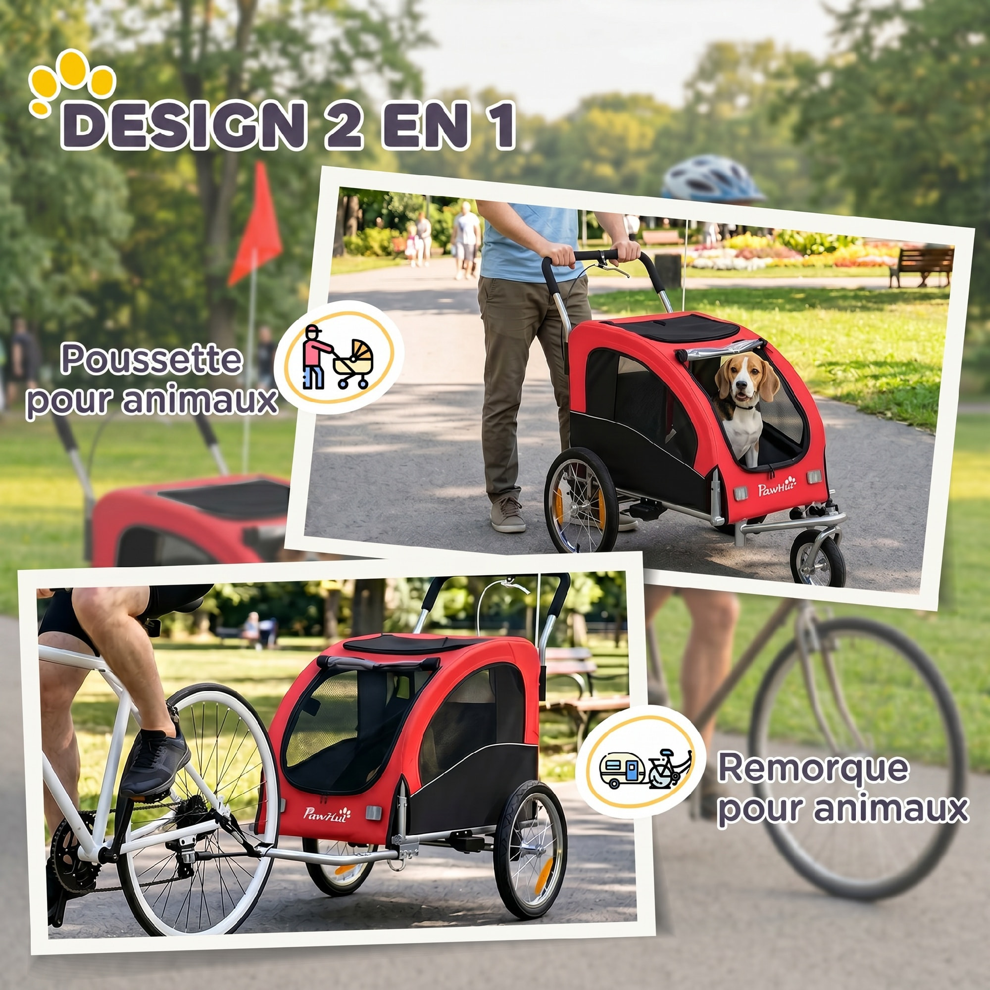 Remorque vélo jogger 2 en 1 pour animaux drapeau roue avant pivotante réflecteurs et barre d'attelage inclus rouge noir