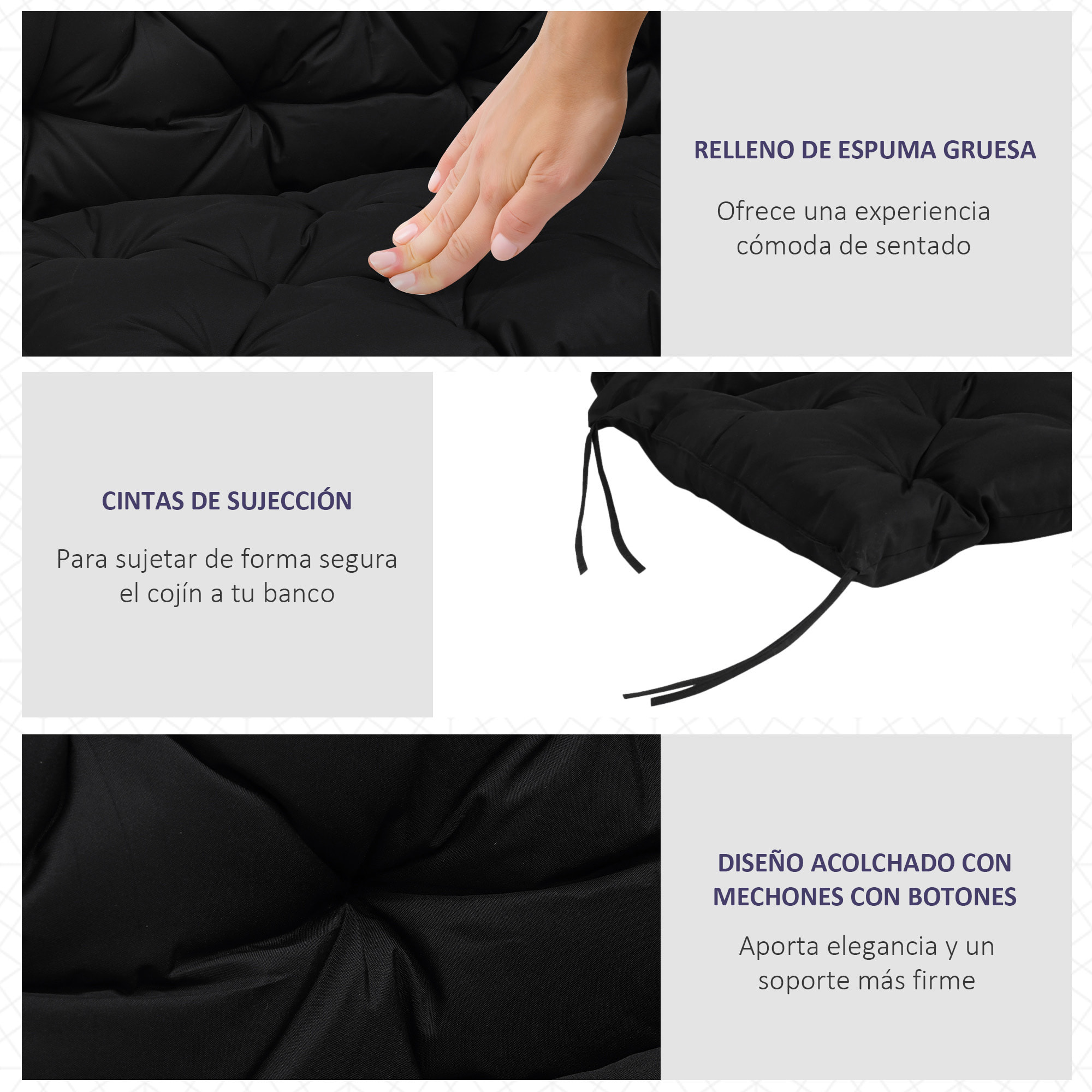 Cojín para Banco con Respaldo Cojín de Palet de 2 Plazas Cojín de Columpio Cojín de Jardín con 6 Cordones de Fijación 100x98x8 cm Negro