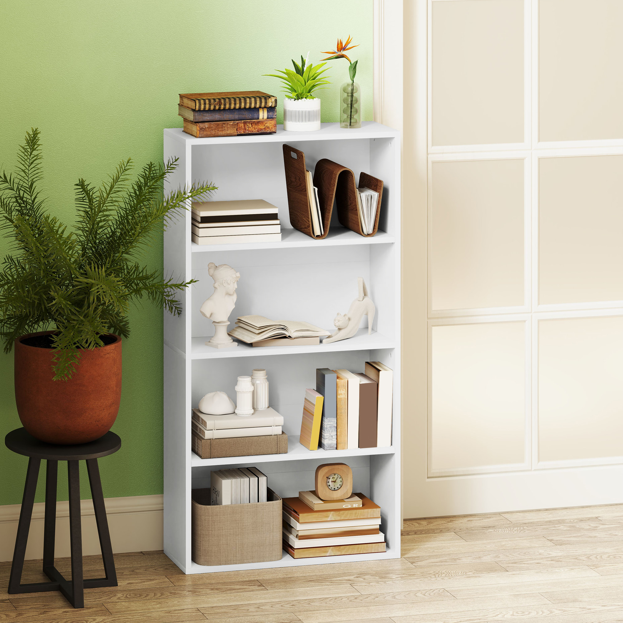 Librería de 4 Niveles Estantería de Libros con 2 Estantes Ajustables para Sala de Estar Oficina Dormitorio 60x24x115,5 cm Blanco