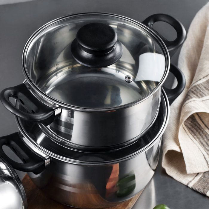 set de batería de cocina de 5pc en acero inoxidable + 3 sartenes ø16ø20ø24cm gris metalizado en aluminio prensado