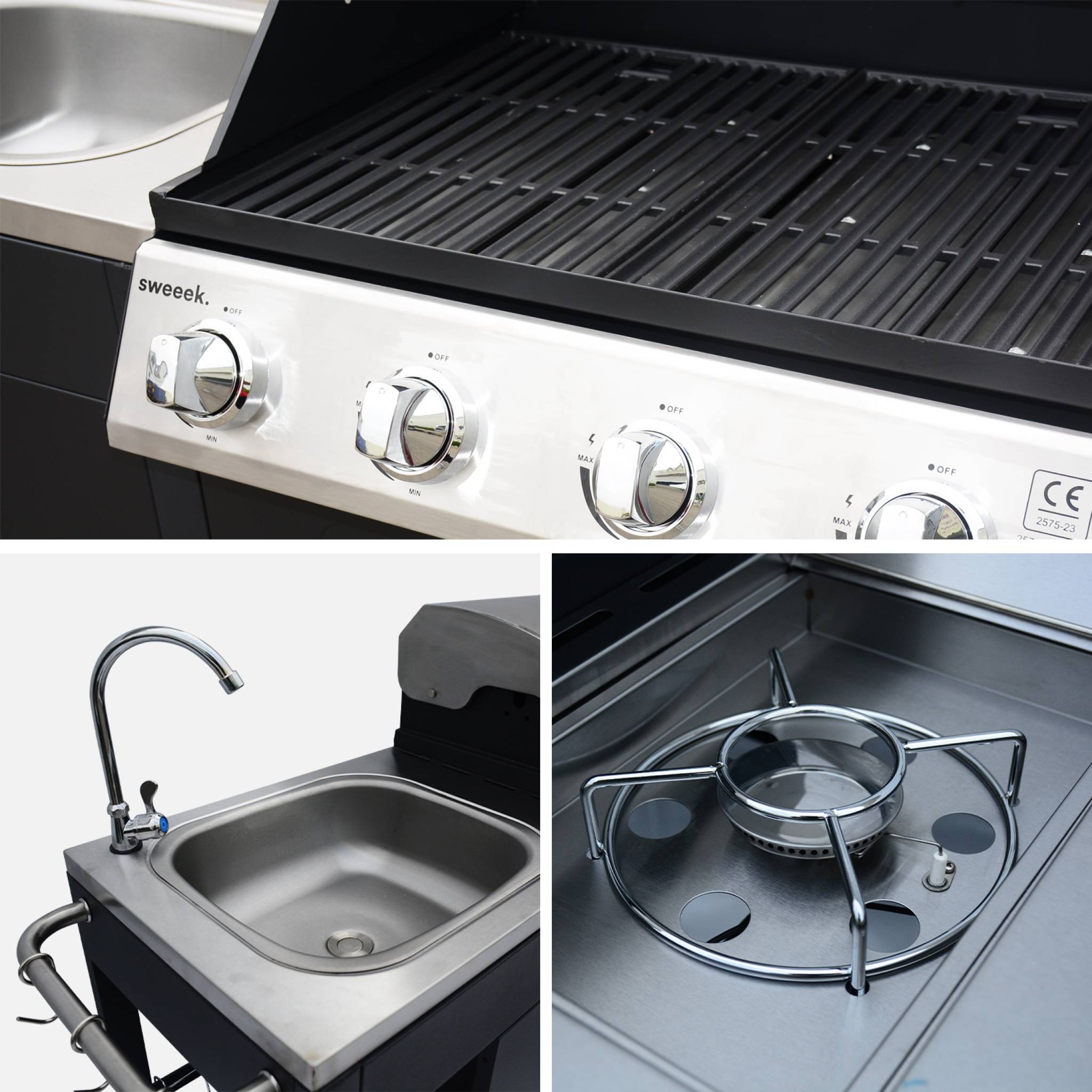 Barbecue gaz 4 brûleurs + 1 feu latéral, cuisine d'extérieure avec évier avec housse D'ARTAGNAN AVEC HOUSSE