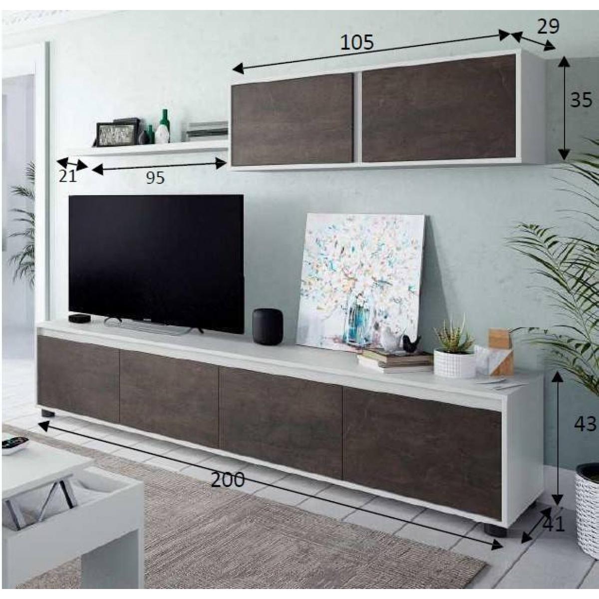 Parete attrezzata Savannah, Mobile da soggiorno porta TV, Composizione set salotto, Set salotto con pensile, cm 200x41h43, Bianco e Ossido