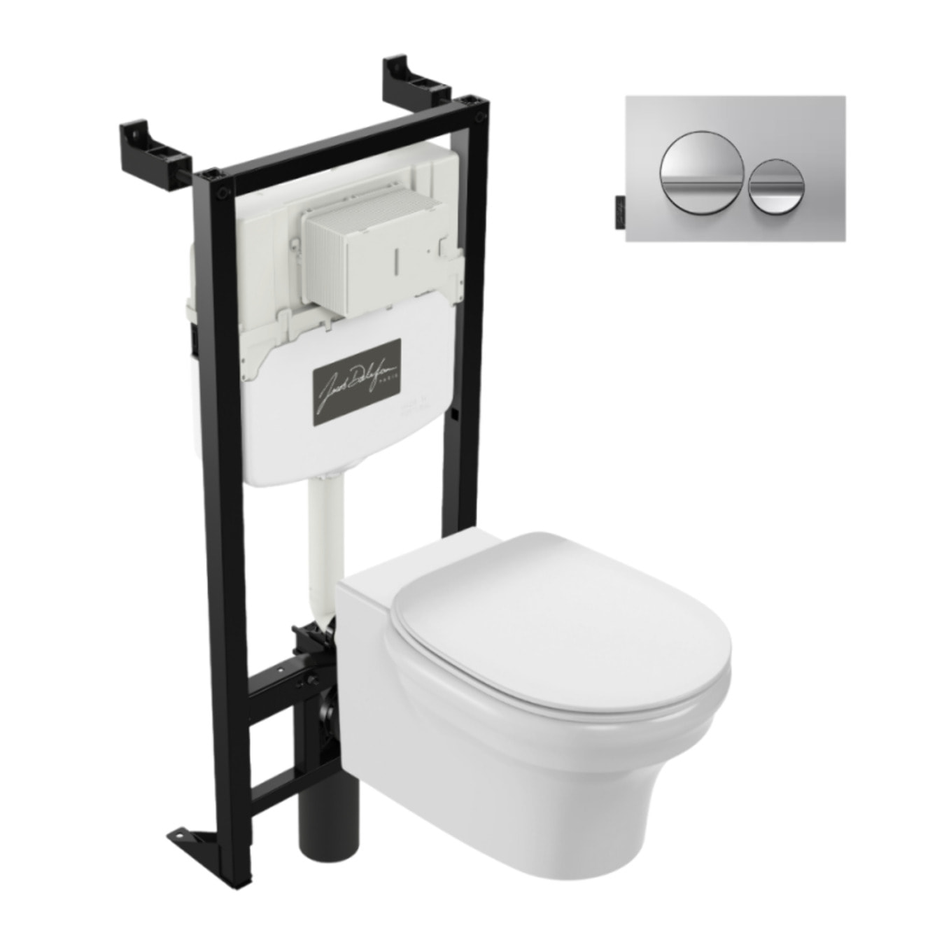Pack WC suspendu sans bride Cléo 1889 + abattant frein de chute déclipsable + bâti support mur + plaque chromée