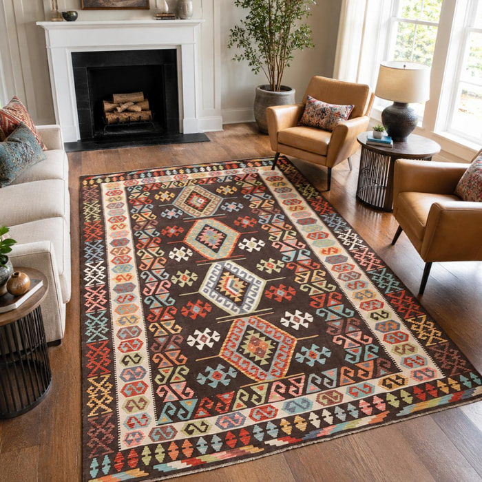 Tapis kilim au motif ethnique, tissé plat en laine, UMENO