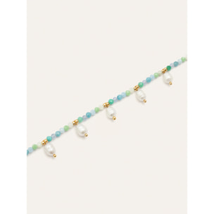 Collar Crystal Blue Pearls Acero Baño Oro