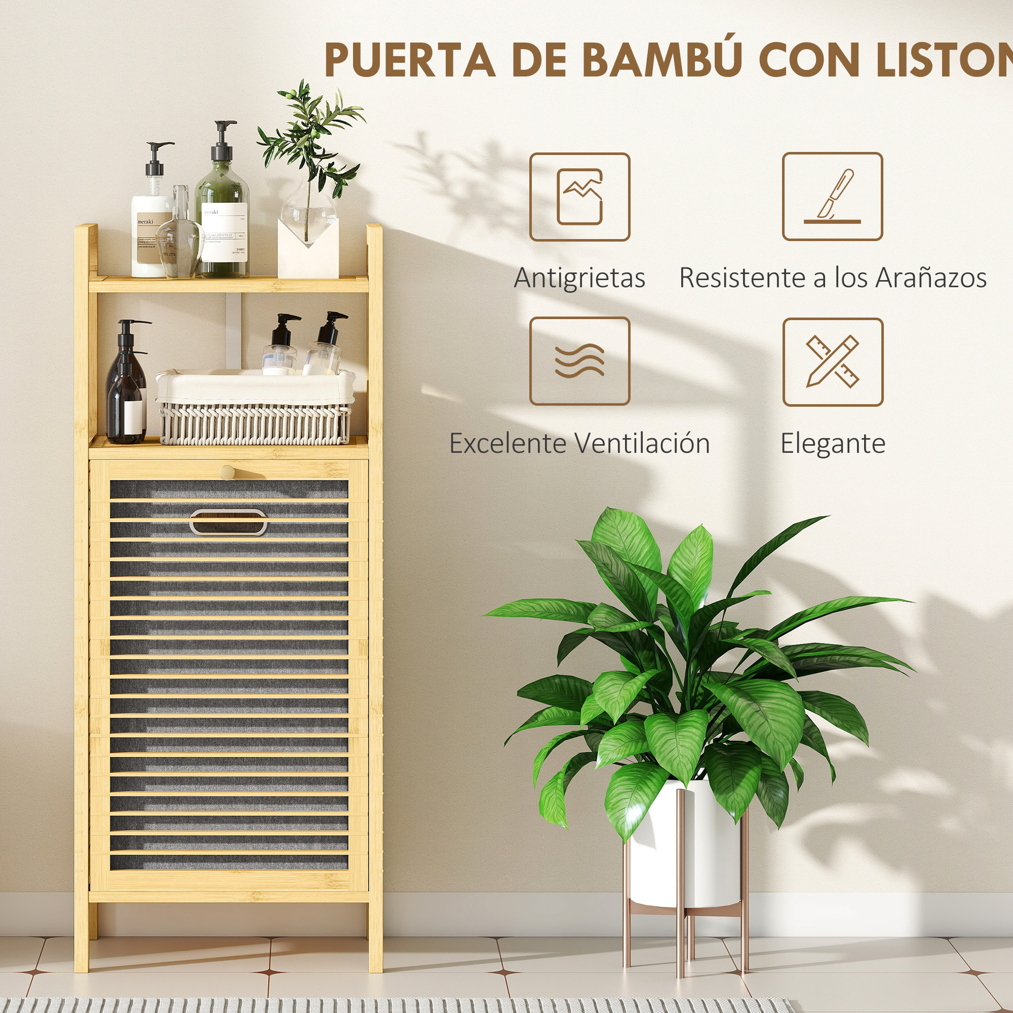 Mueble de Baño con Cesto Ropa Sucia, Mueble Ropa Sucia de Bambú, Bolsa de Ropa Extraíble y Lavable con Asa, 2 Estantes Abiertos, para Lavadero, 40x30x95 cm Natural y Gris
