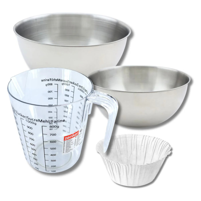 Set pâtisserie avec 30 moules à muffins en papier, 2 bols à mixer, verre mesureur et spatule Zenker