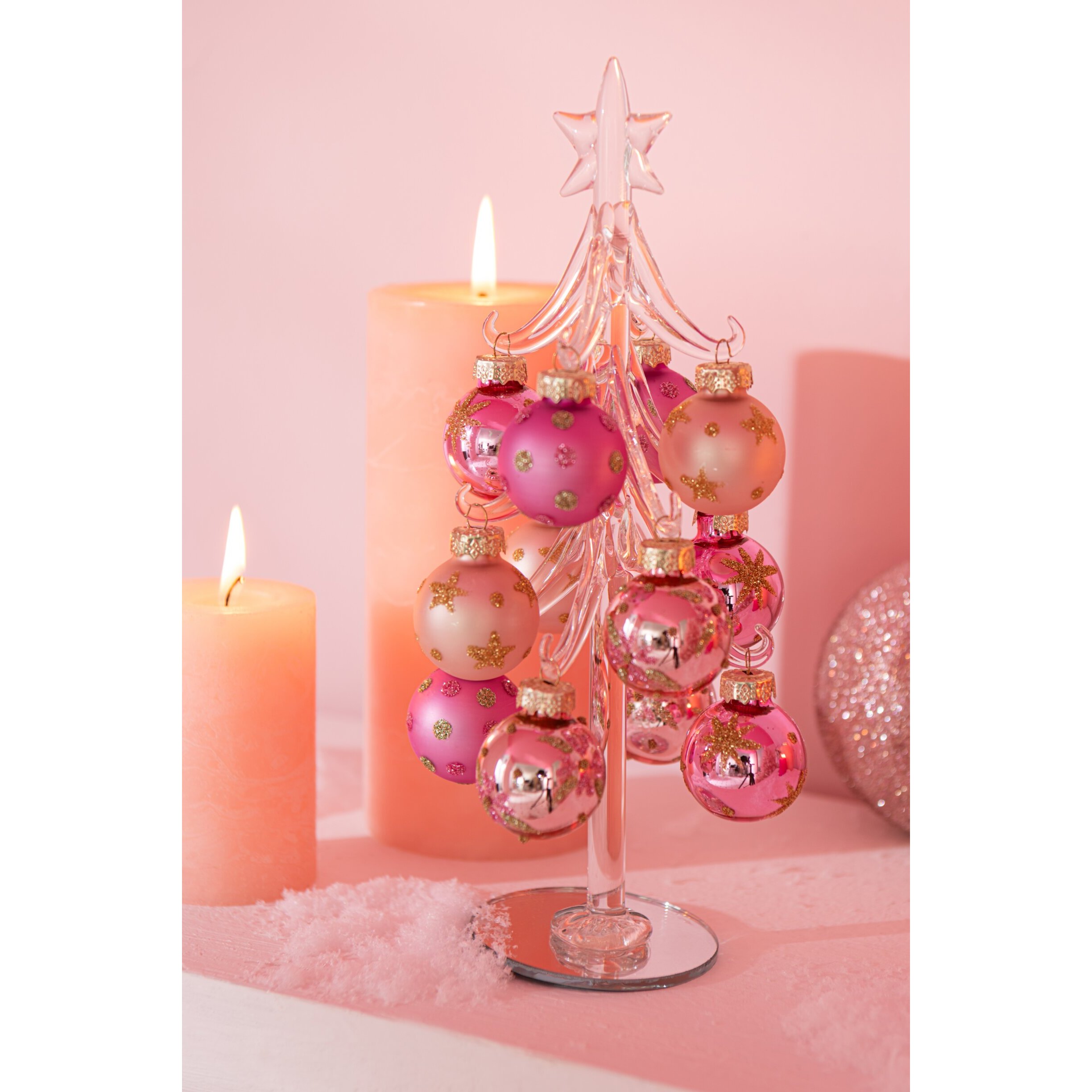 J-Line décoration sapin de Noël + Boules - verre - rose/transparent - small