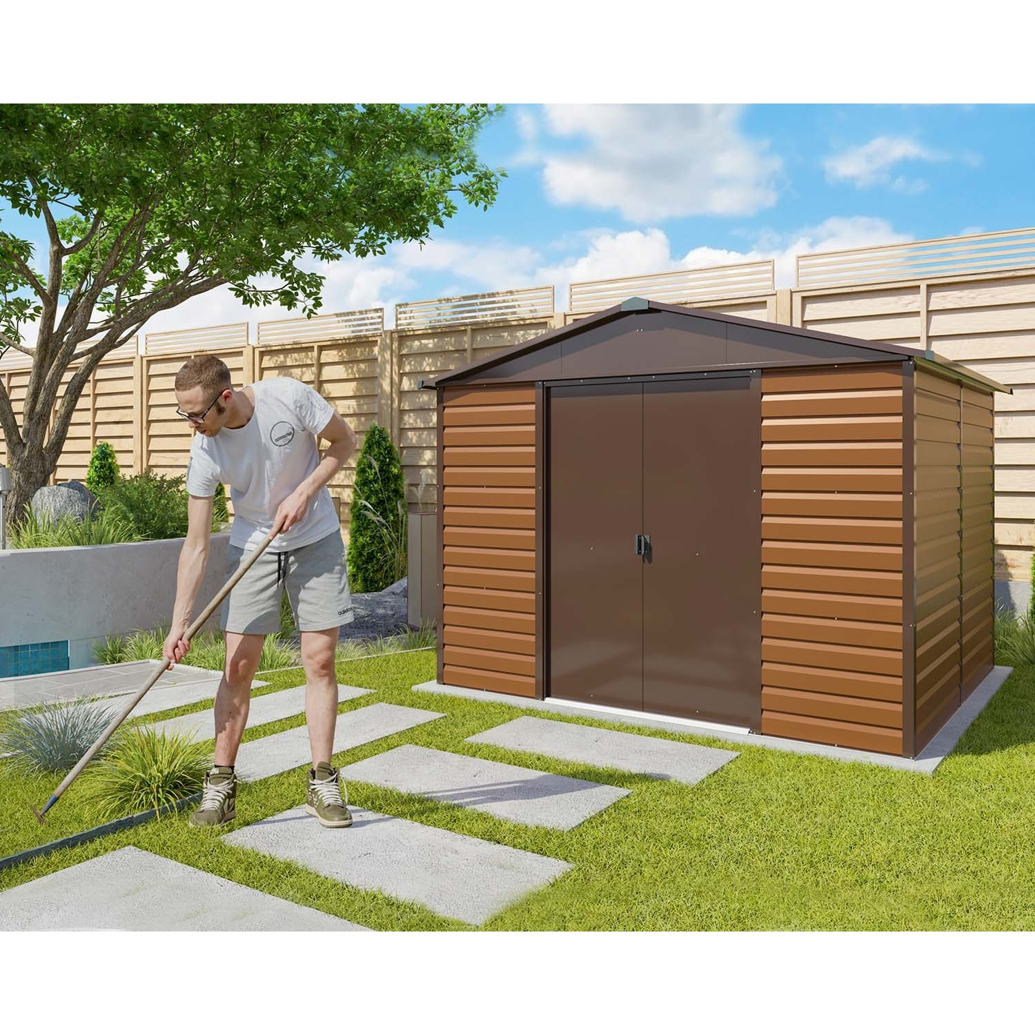 Abri de jardin métal aspect bois Yardmaster 6,44 m² + kit d'ancrage