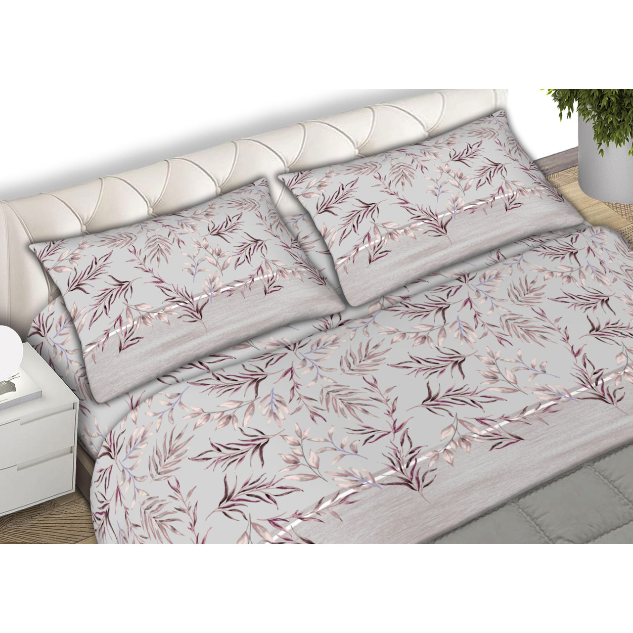 Completo Lenzuola In Calda Flanella Made in Italy Foliage Rosa