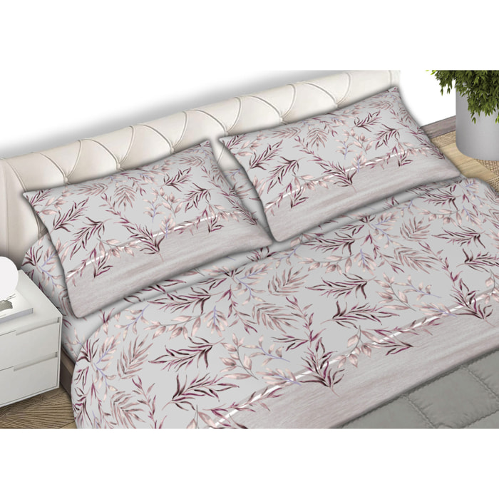 Completo Lenzuola In Calda Flanella Made in Italy Foliage Rosa