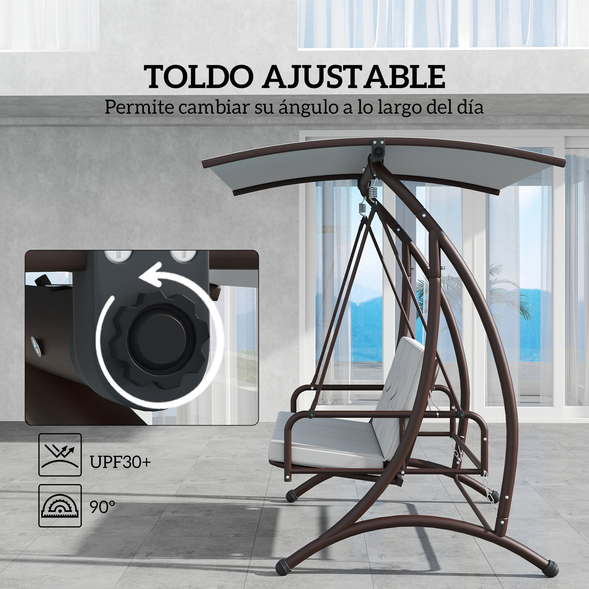 Columpio de Jardín Exterior de 3 Plazas Balancín de Jardín Exterior Convertible en Cama con Toldo Ajustable Protección UPF30+ y Cojines Carga 330 kg 200x120x175 cm Gris Claro