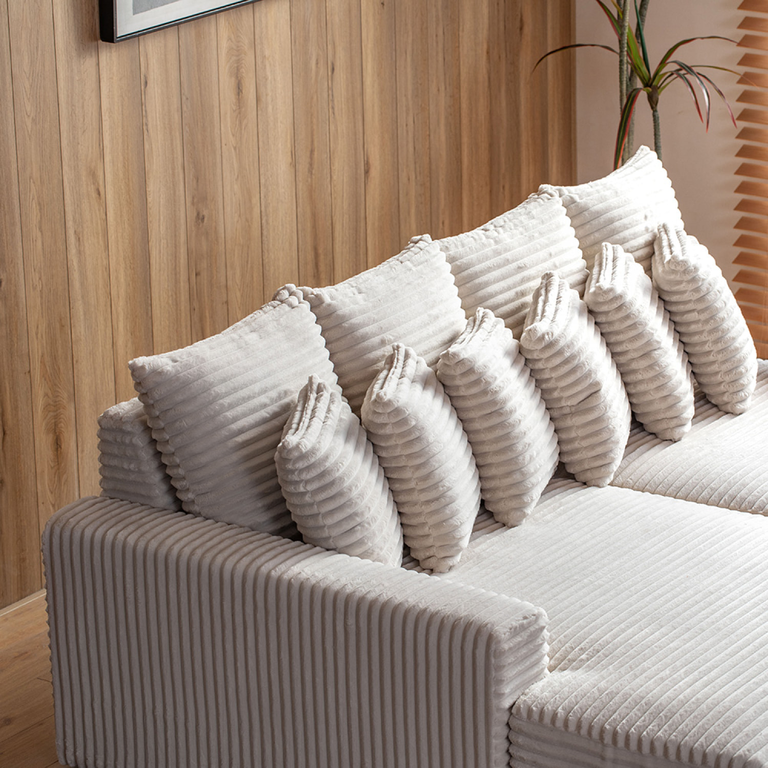 KENDARI Canapé d'angle 2/3 places assise profonde en velours côtelé beige