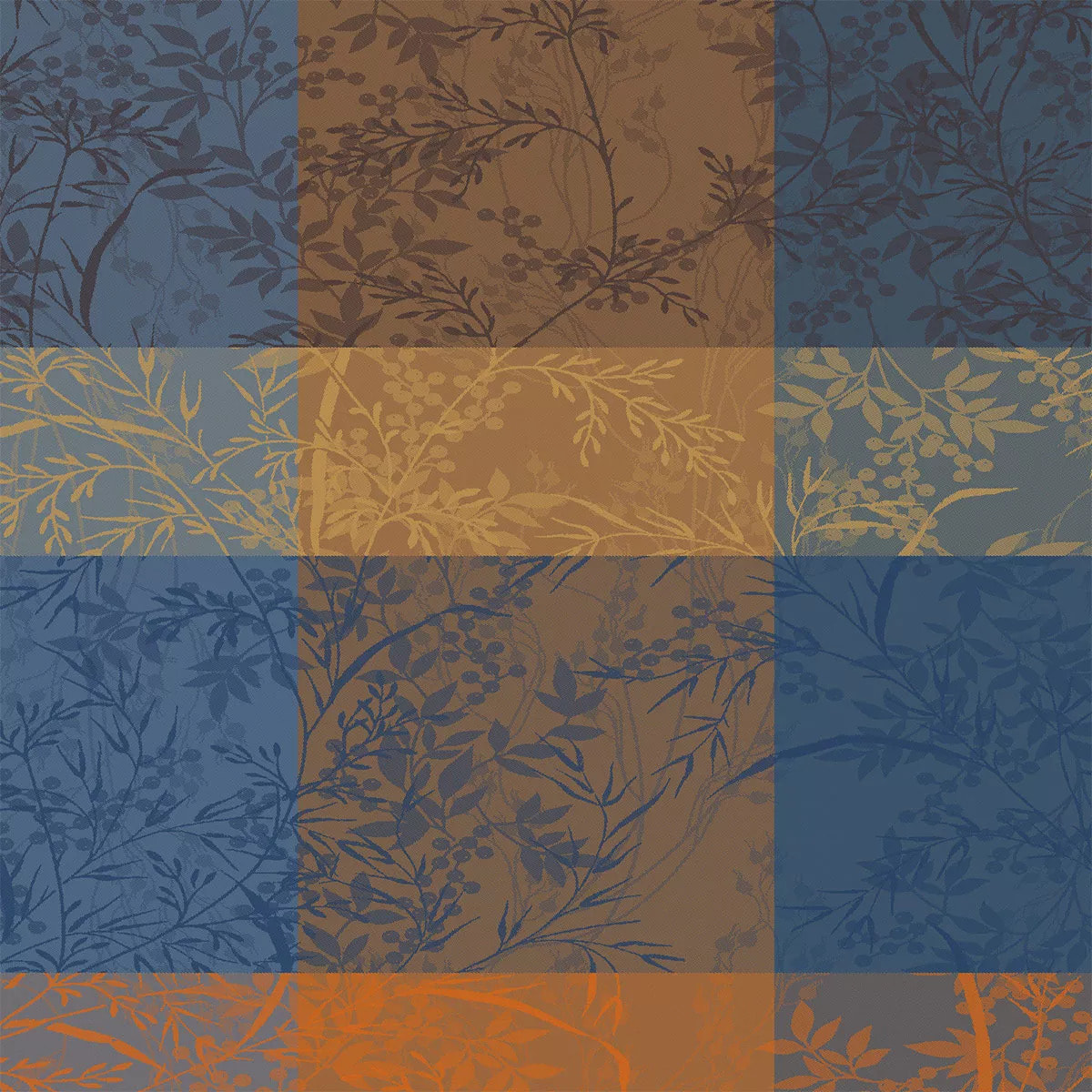 Serviette pur coton 220 g/m² motif jacquard bleu brun Mille branchages crepuscule