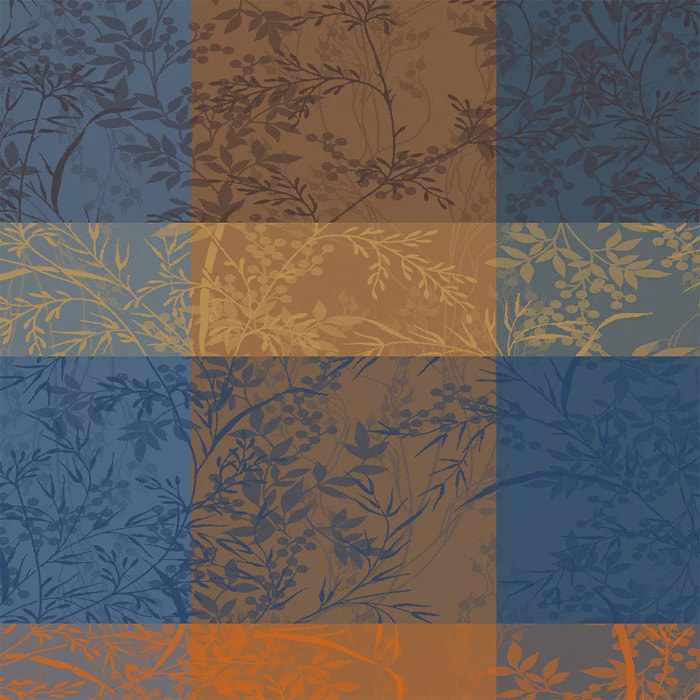 Serviette pur coton 220 g/m² motif jacquard bleu brun Mille branchages crepuscule
