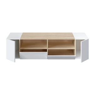 Mobile porta TV Topeka, Credenza per televisione da soggiorno, Supporto per TV moderno, Credenza bassa multiuso, cm 138x42h36, Bianco e Rovere