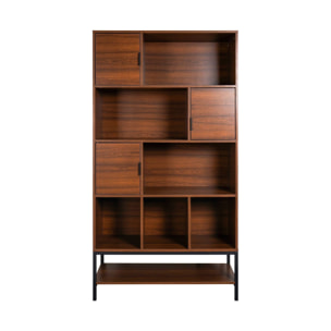 Bibliothèque style vintage en décor noyer et métal noir avec 9 compartiments (3 portes et 5 étagères)