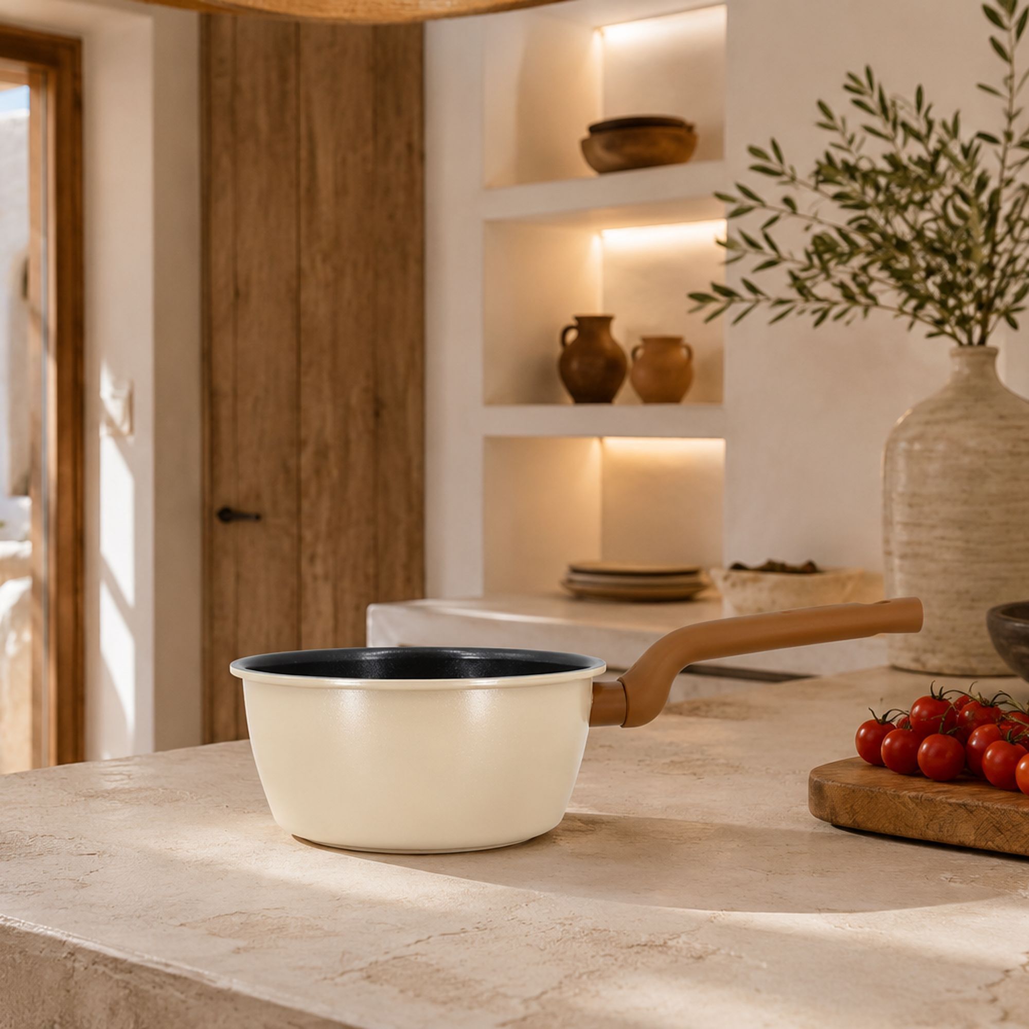 Casserole 16cm en revêment céramique et acier carbone beige PRATICOOK