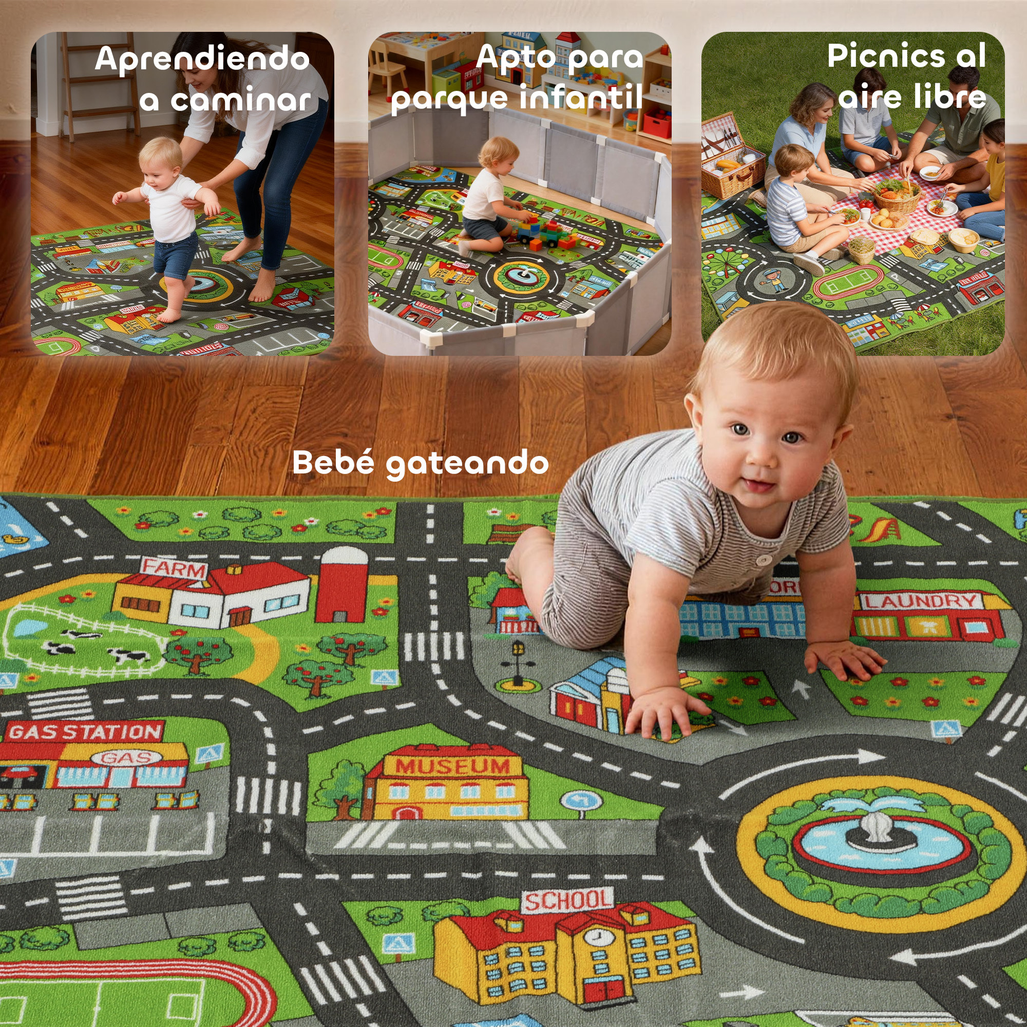 Alfombra Infantil, Carretera de Ciudad, 200x150 cm, Alfombra Educativa Antideslizante para Gateo y Jugar con Coches, para Salón y Dormitorio, Textura Suave