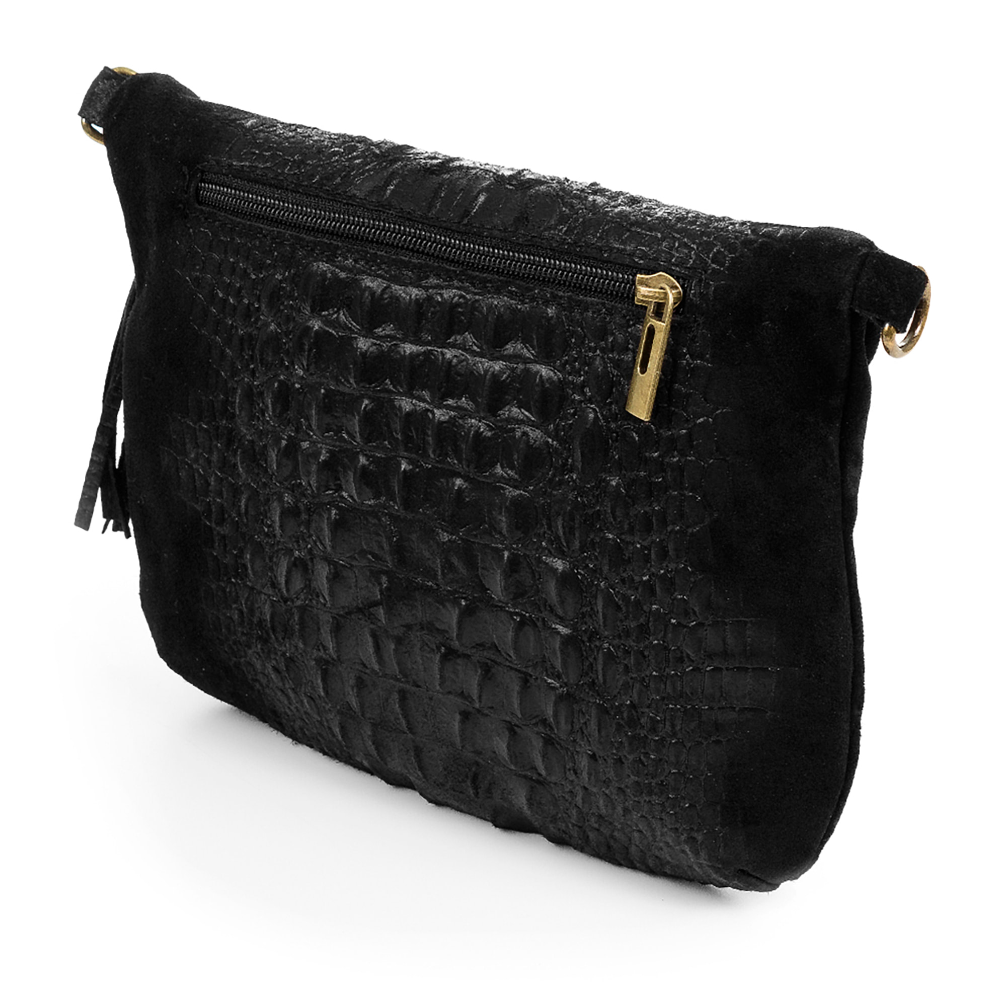 Borsa a tracolla da donna Cenerente. Vera pelle scamosciata con stampa coccodrillo.