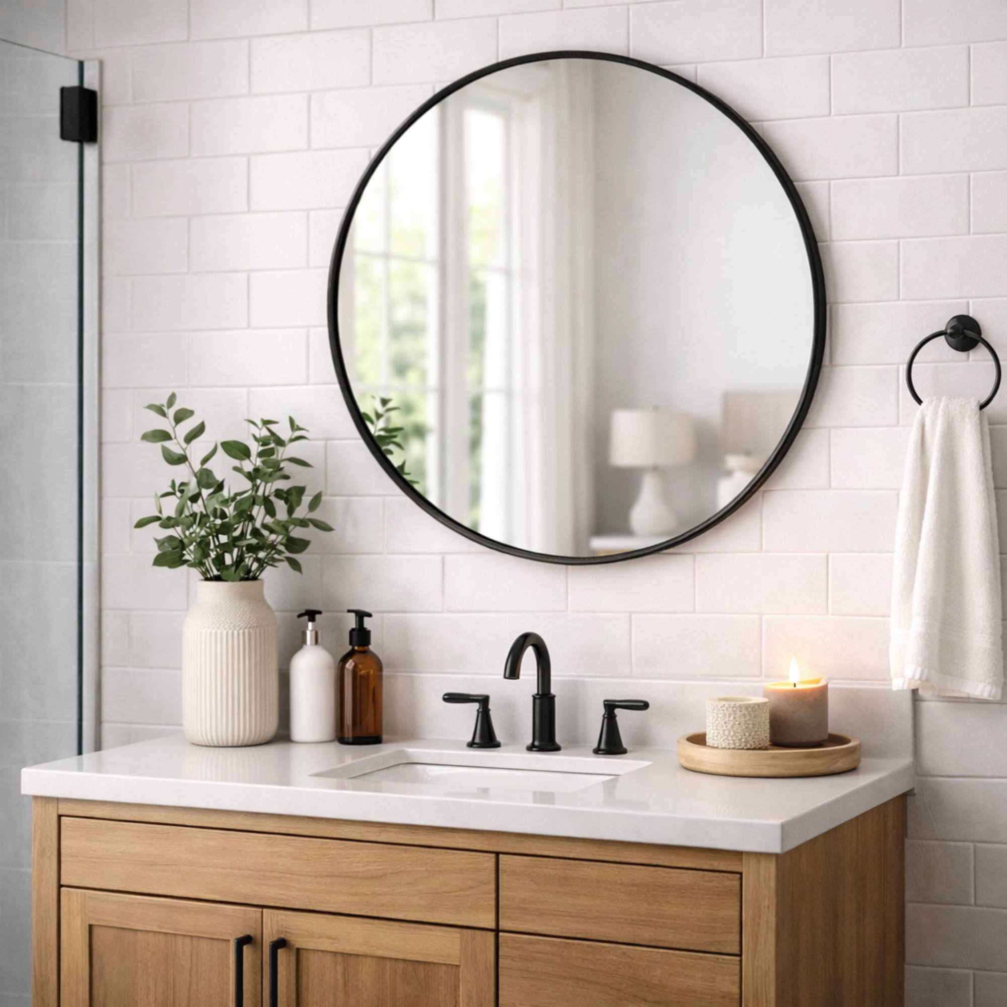 Espejo redondo 60cm marco de madera en acabado negro, con gancho trasero, ideal para recibidor o baño