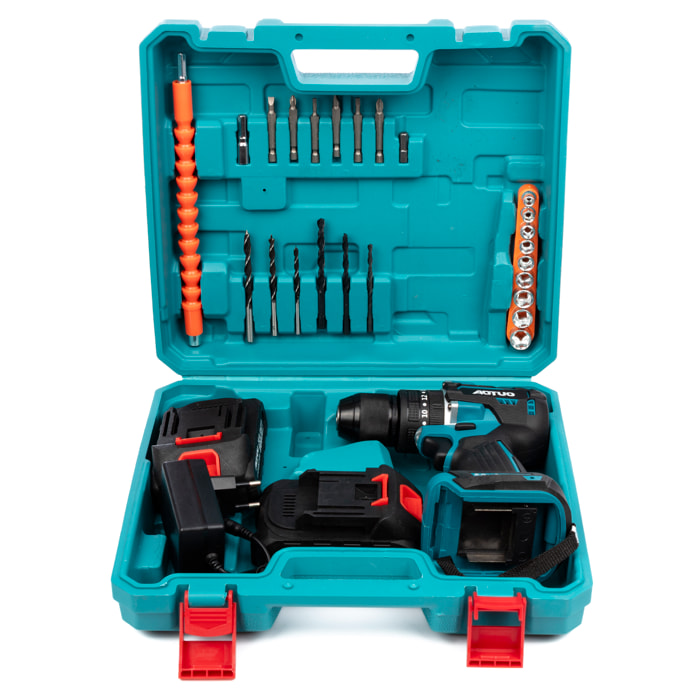Trapano elettrico senza fili a doppia velocità, motore senza spazzole, valigetta di trasporto e 24 accessori. 2 batterie da 6500 mAh.