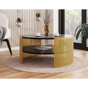 Cruz - table basse ronde - effet marbre noir et doré - 1 niche - 75 cm - Noir / Doré